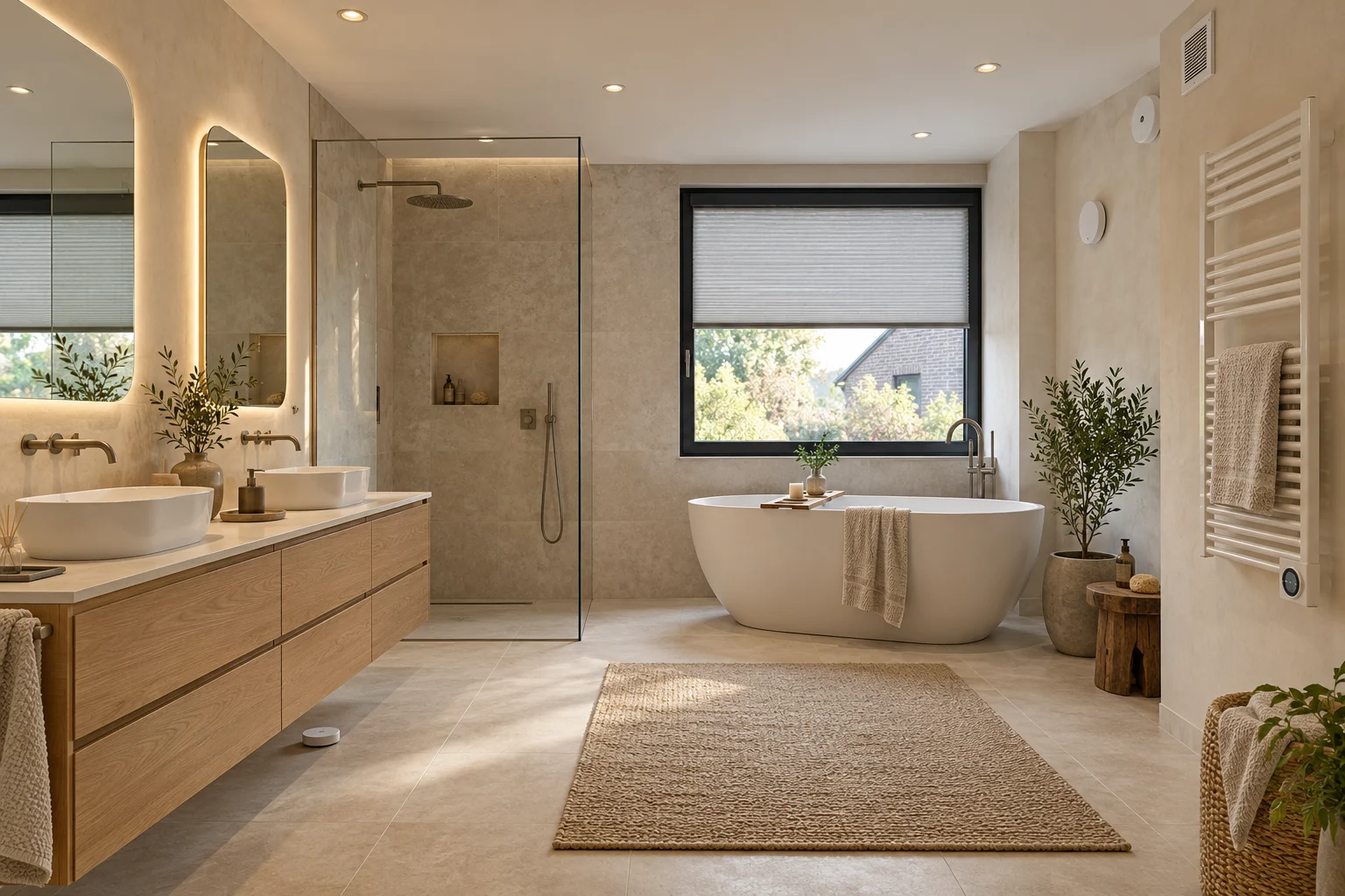 Vue illustrative : salle de bain avec éclairage du miroir, sèche-serviettes, humidité & température, ventilation, détecteur de fuite, store de fenêtre