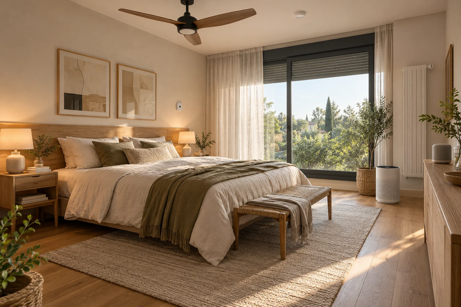 Vue illustrative : chambre avec lampes de chevet, volets & rideaux, vannes thermostatiques, température & présence, purificateur d’air, enceinte connectée