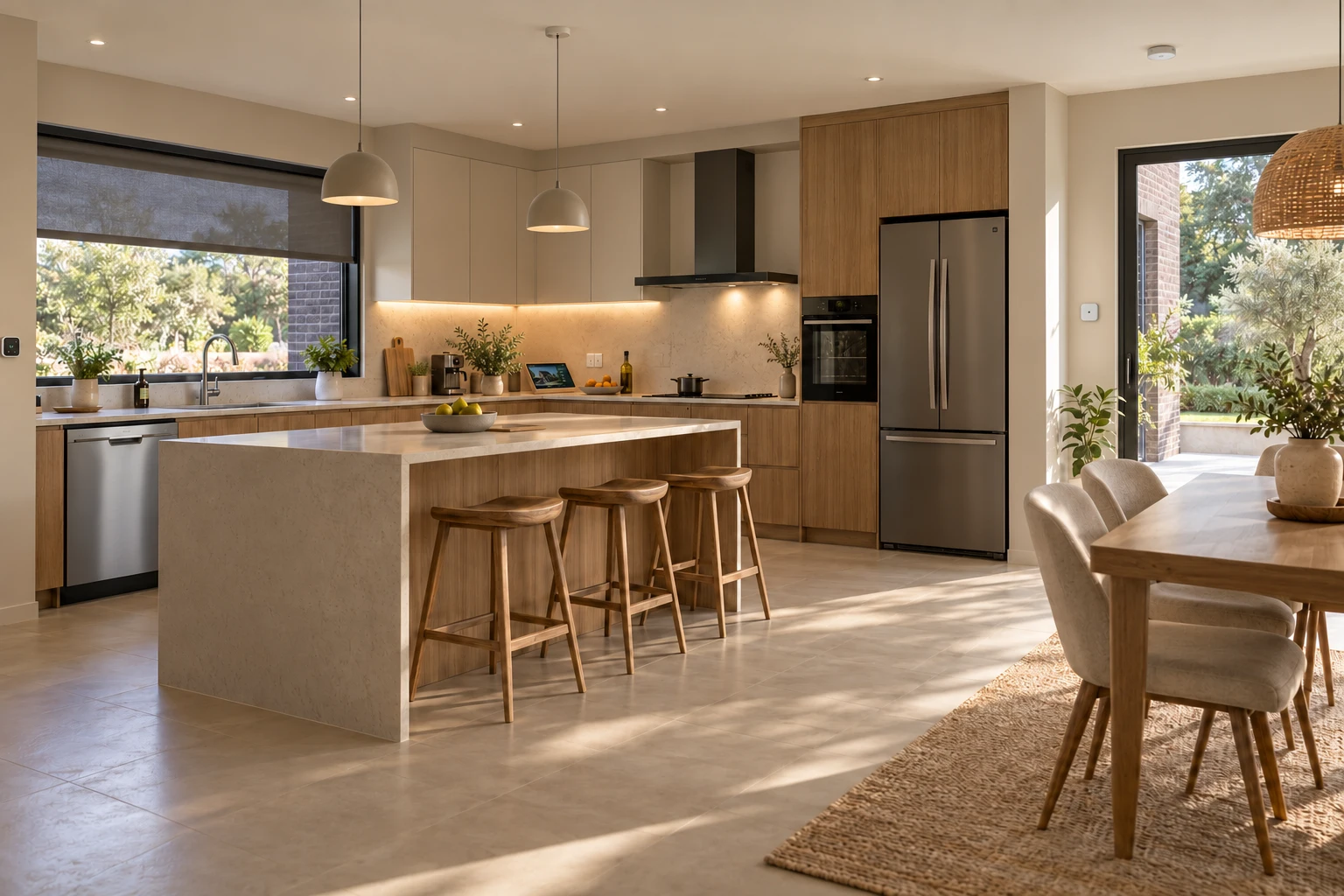 Vue illustrative : cuisine avec éclairage & bandeaux led, stores motorisés, prises avec mesure, détecteur de fumée, détecteur de fuite, électroménager connecté